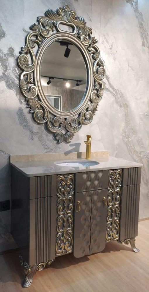 Casa Padrino Barock Badezimmer Set Silber / Gold / Creme - 1 Waschtisch mit Marmorplatte und Keramik Waschbecken & 1 Wandspiegel - Prunkvolle Barock Badezimmer Möbel Bild 1