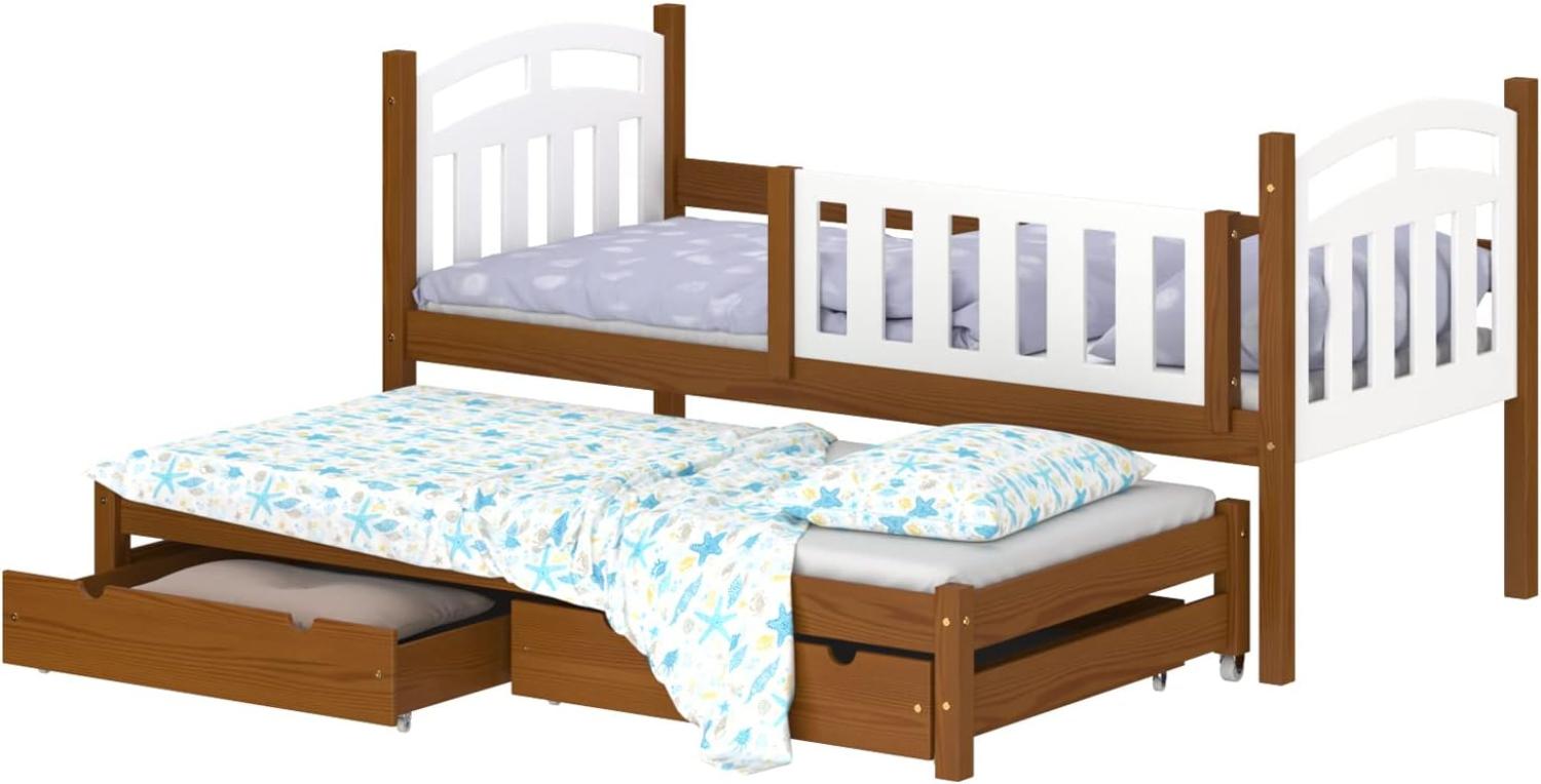 WNM Group Kinderbett mit Rausfallschutz und Lattenrost Suzie - aus Massivholz - Bett mit 2 Schubladen - 190x80/180x80 cm - Braun Bild 1