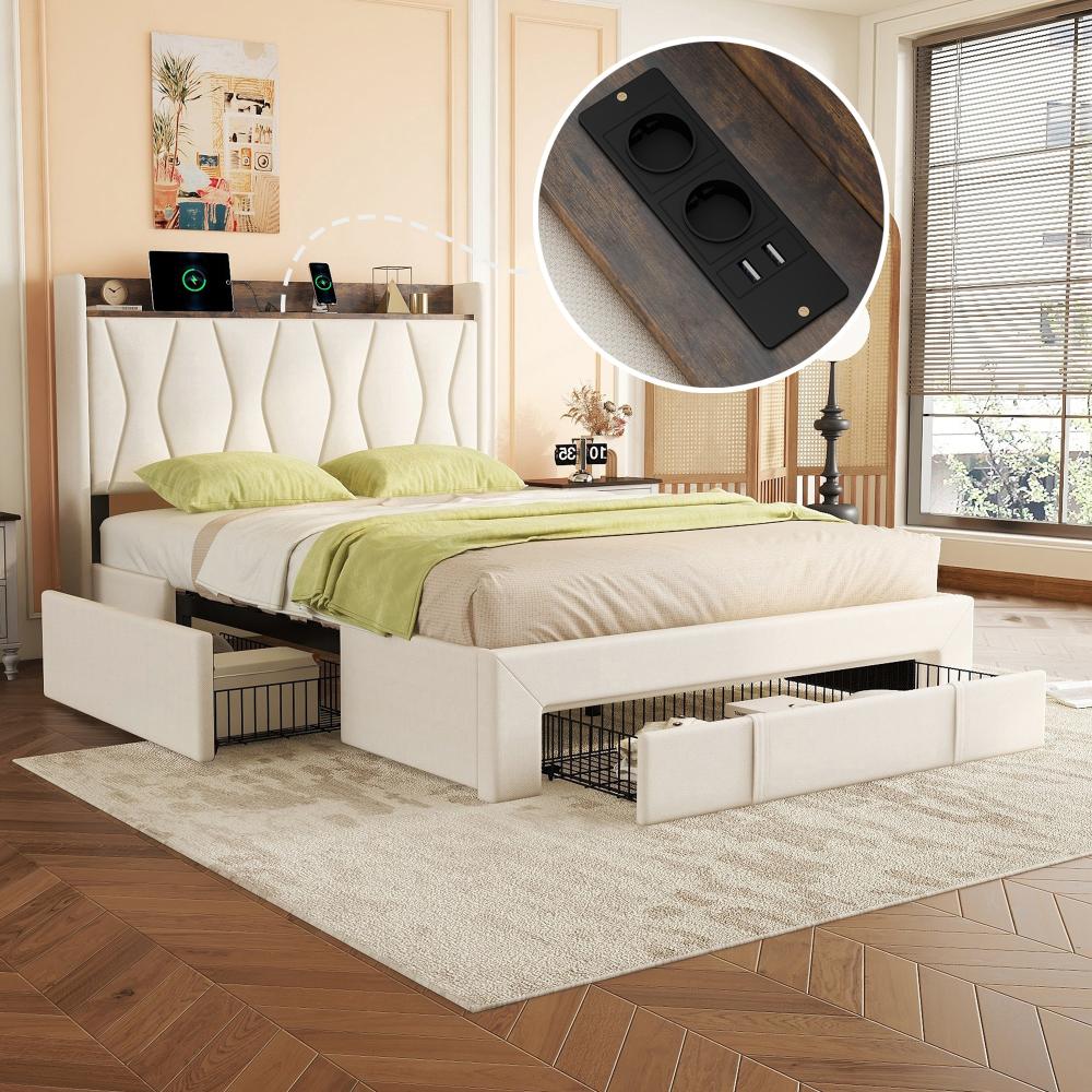 Merax 140 x 200cm Doppelbett, Polsterbett, Nachttisch USB, großer Stauraum, drei Schubladen, Beige Bild 1