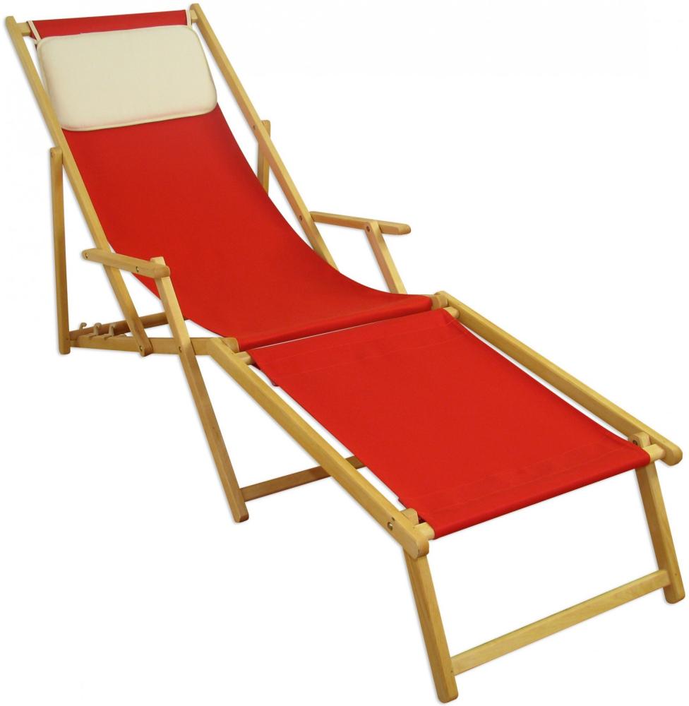 Liegestuhl rot Fußablage Kissen Deckchair klappbar Sonnenliege Holz Gartenliege 10-308 N F KH Bild 1