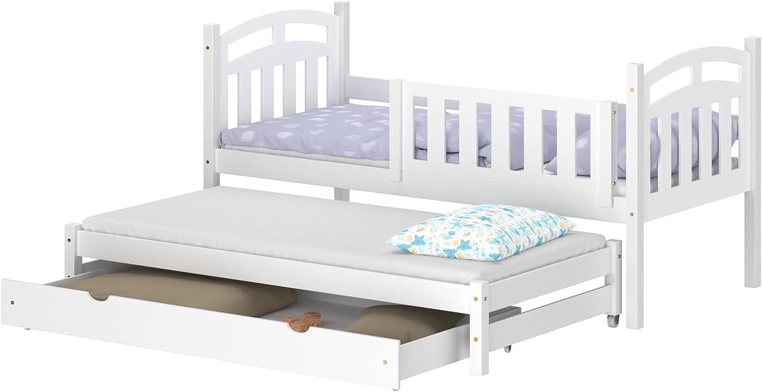 WNM Group Kinderbett Ausziehbar mit Rausfallschutz Suzie - aus Massivholz - Ausziehbett für Mädchen und Jungen - Bett mit Schublade - Funktionsbett 180x80 / 170x80 cm - Weiß Bild 1