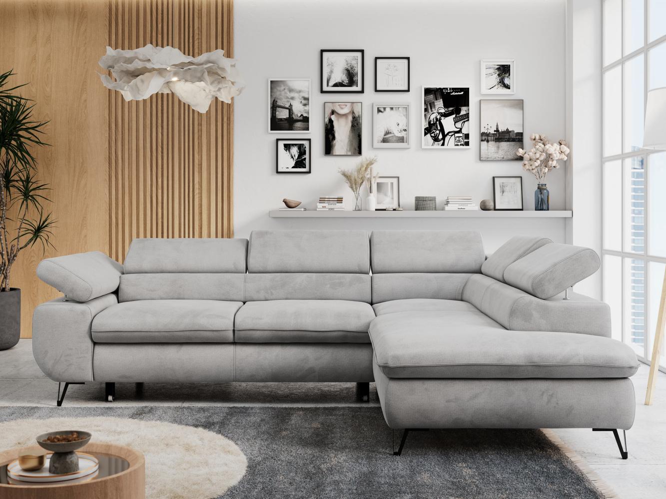 Ecksofa mit Bettfunktion, Modern Sofa, L-form, Einstellbare Kopfstützen, Bettkasten - PETER - Hellgrau Velours - Topper T25 - rechts Bild 1