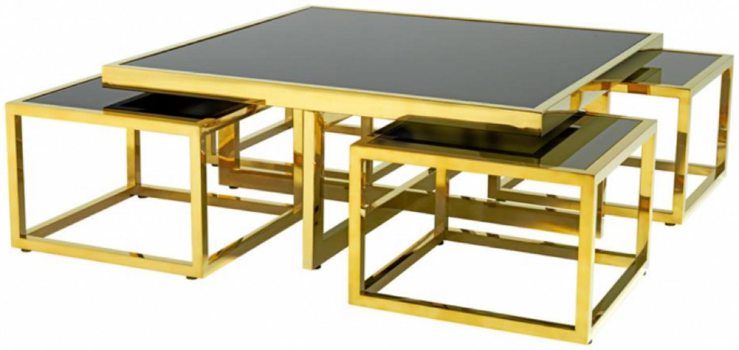 Casa Padrino Luxus Art Deco Designer Couchtisch 5er Set Gold mit schwarzem Glas - Wohnzimmer Salon Tisch - Luxus Qualität Bild 1