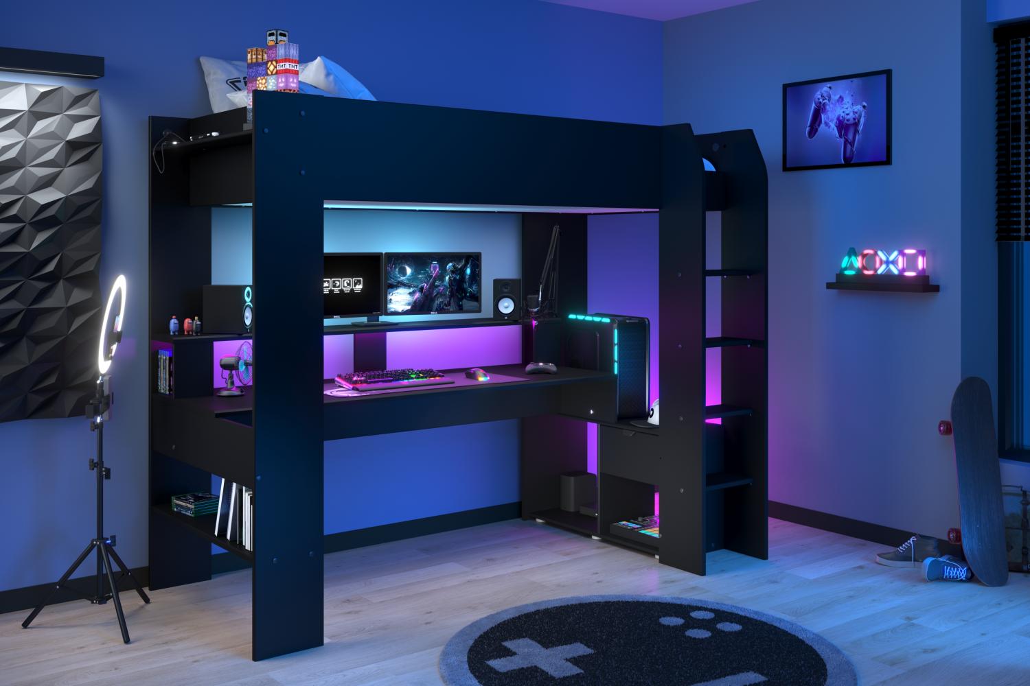 PARISOT Hochbett Gaming "Online 1" Weiß mit Gamingtisch Jugendbett Bett LED-Beleuchtung Farbwechsel Bild 1