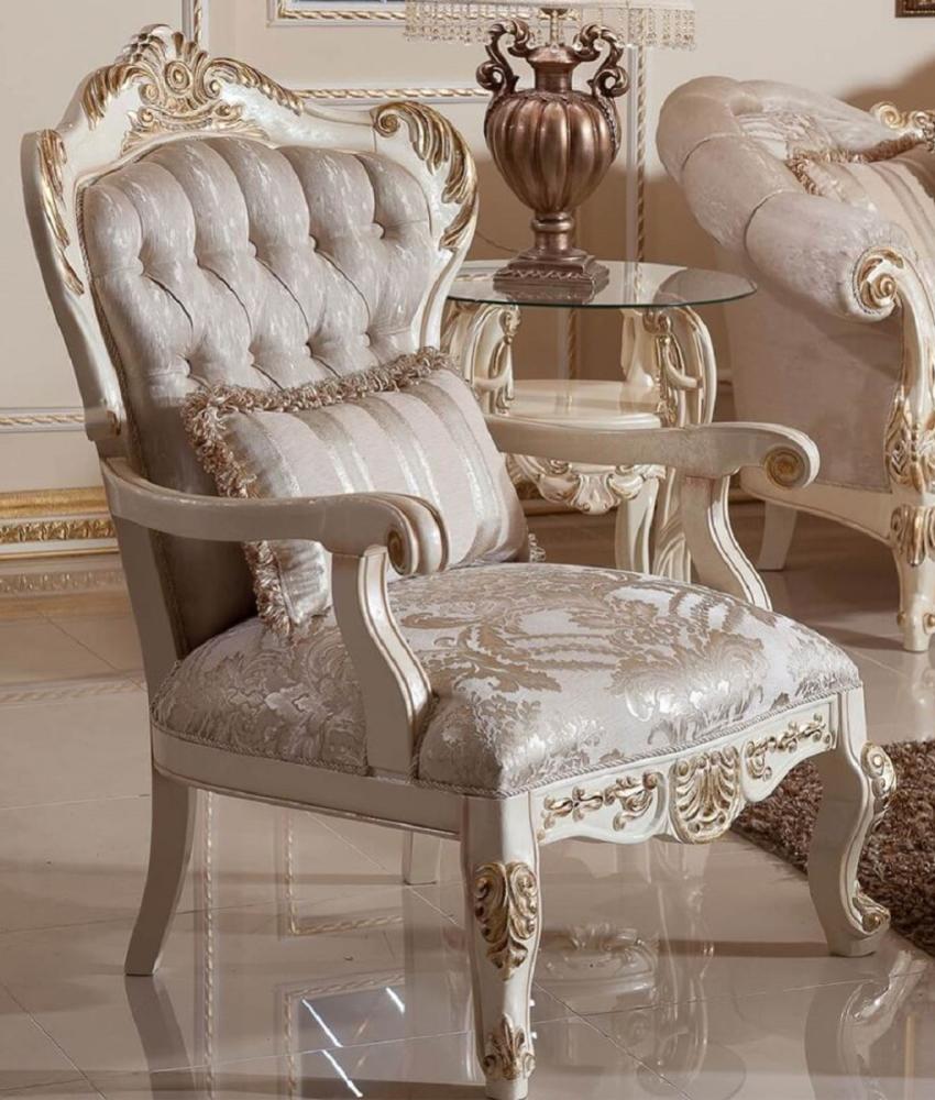 Casa Padrino Luxus Barock Sessel Grau / Silber / Weiß / Gold - Prunkvoller Wohnzimmer Sessel mit elegantem Muster - Barock Wohnzimmer Möbel Bild 1