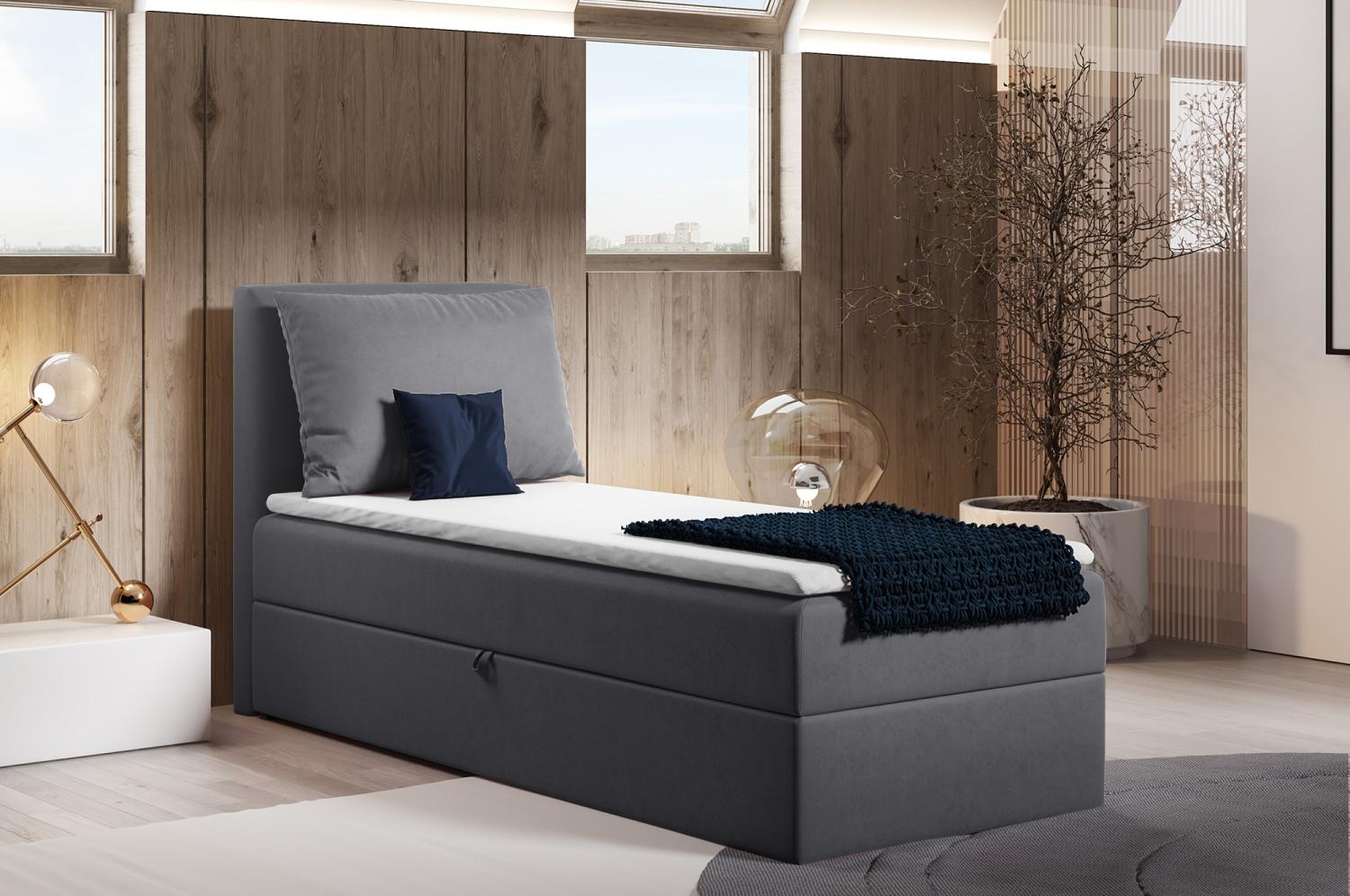 Boxspringbett Egro Mini mit Bettkasten und Kissen - Einzelbett mit Bonell-Matratze und Topper, Polsterbett (Dunkelgrau (Kronos 22), 80 x 200 cm) Bild 1