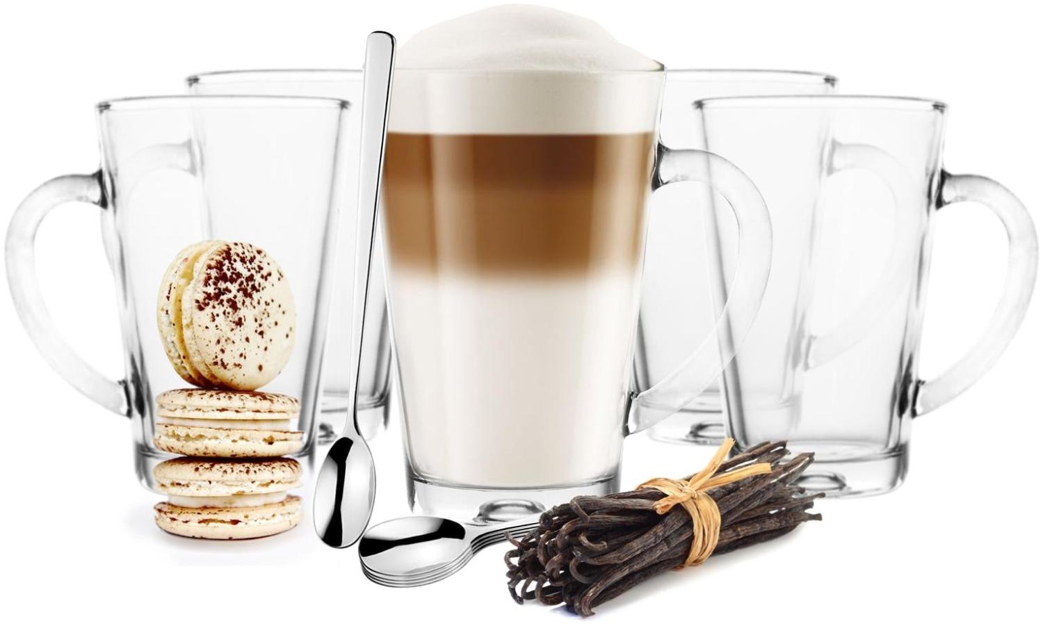 6 Kaffeegläser Teegläser Gläser 300 ml mit Henkel und 6 Edelstahl-Löffel GRATIS Bild 1