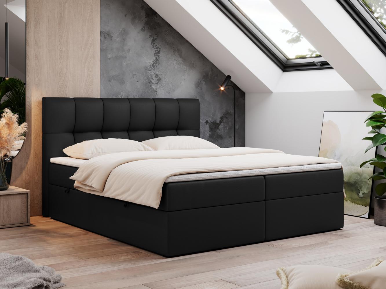 Boxspringbett mit Kopfteil und Topper, Doppelbett - RICO - 160x200cm - Schwarz Kunstleder - H4 Bild 1