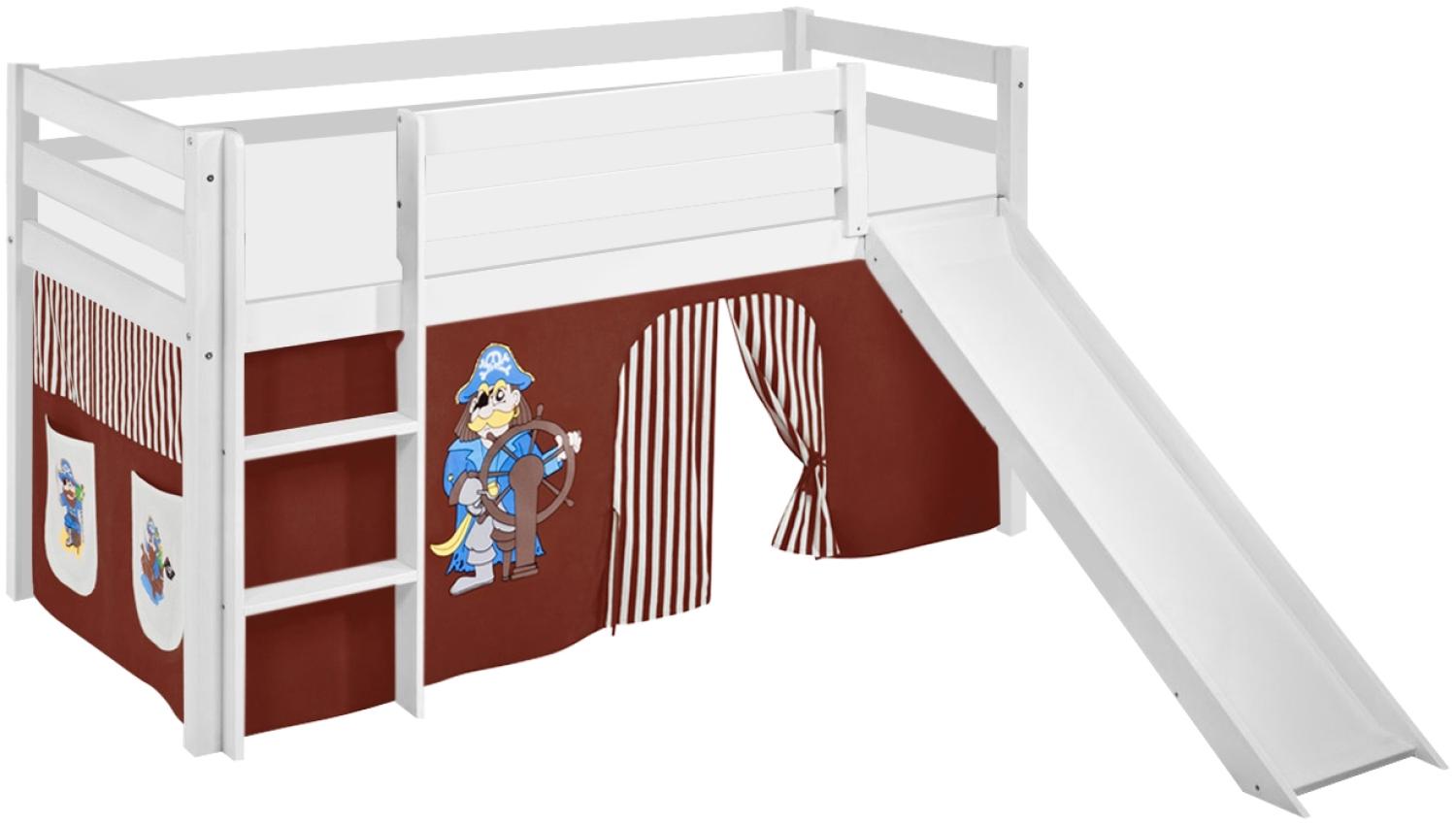Lilokids 'Jelle' Spielbett 90 x 190 cm, Pirat Braun Beige, Kiefer massiv, mit Rutsche und Vorhang Bild 1
