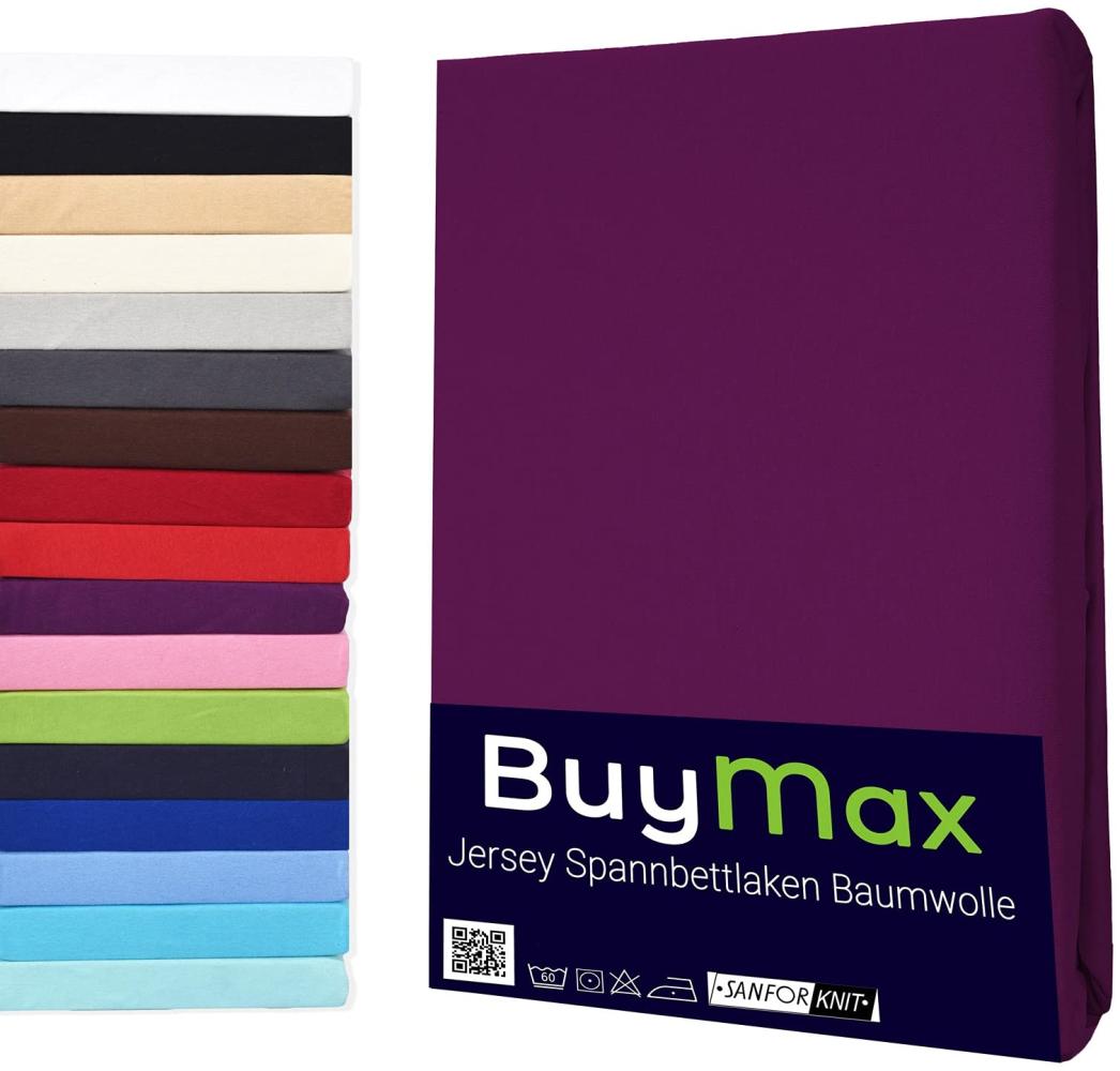 Buymax Spannbettlaken 200x200cm Baumwolle 100% Spannbetttuch Bettlaken Jersey, Matratzenhöhe bis 25 cm, Farbe Aubergine Bild 1