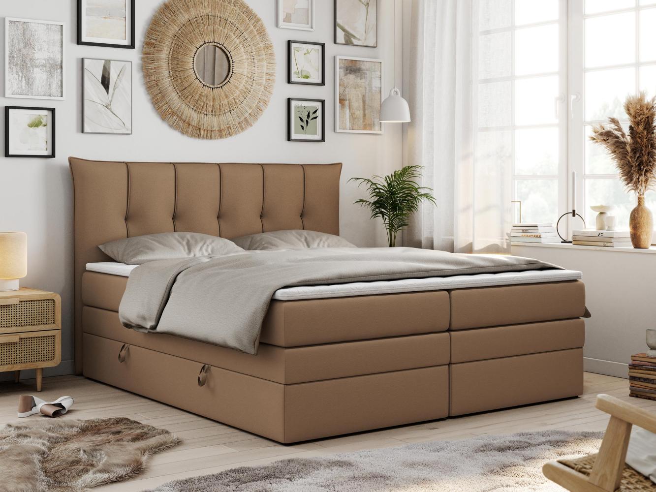 Boxspringbett 7-Zonen Taschenfederkernmatratze und Topper - PREMIUM-10-KING - 140x200cm - Braun Kunstleder - H3 Bild 1