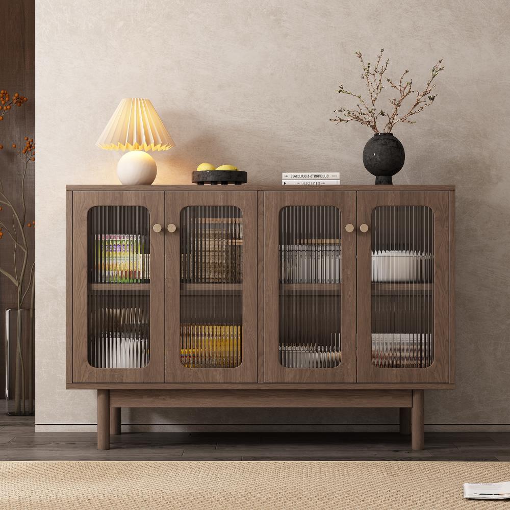 Merax Stilvolles Sideboard aus nussbaumfarbener Spanplatte mit Glasvitrine - 4 Glastüren mit vertikalen Streifen, 120*40*82cm, Wohnzimmer Sideboard, Wohnzimmerunterschrank, Eckschrank, Glasvitrine Bild 1