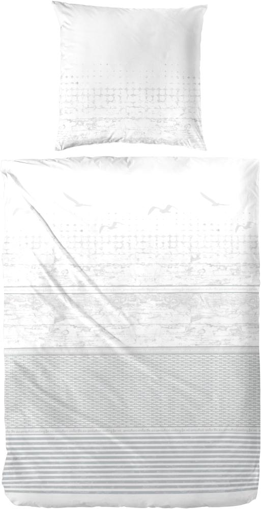 Hahn Perkal Bettwäsche 135x200 Streifen Möven weiß silber 133031-08 Bild 1