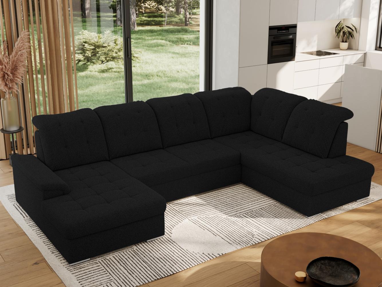 Ecksofa, Wohnzimmer U Couch, Polstersofa mit Bettkasten - MADRITO U - Schwarz Boucle - Rechts Bild 1