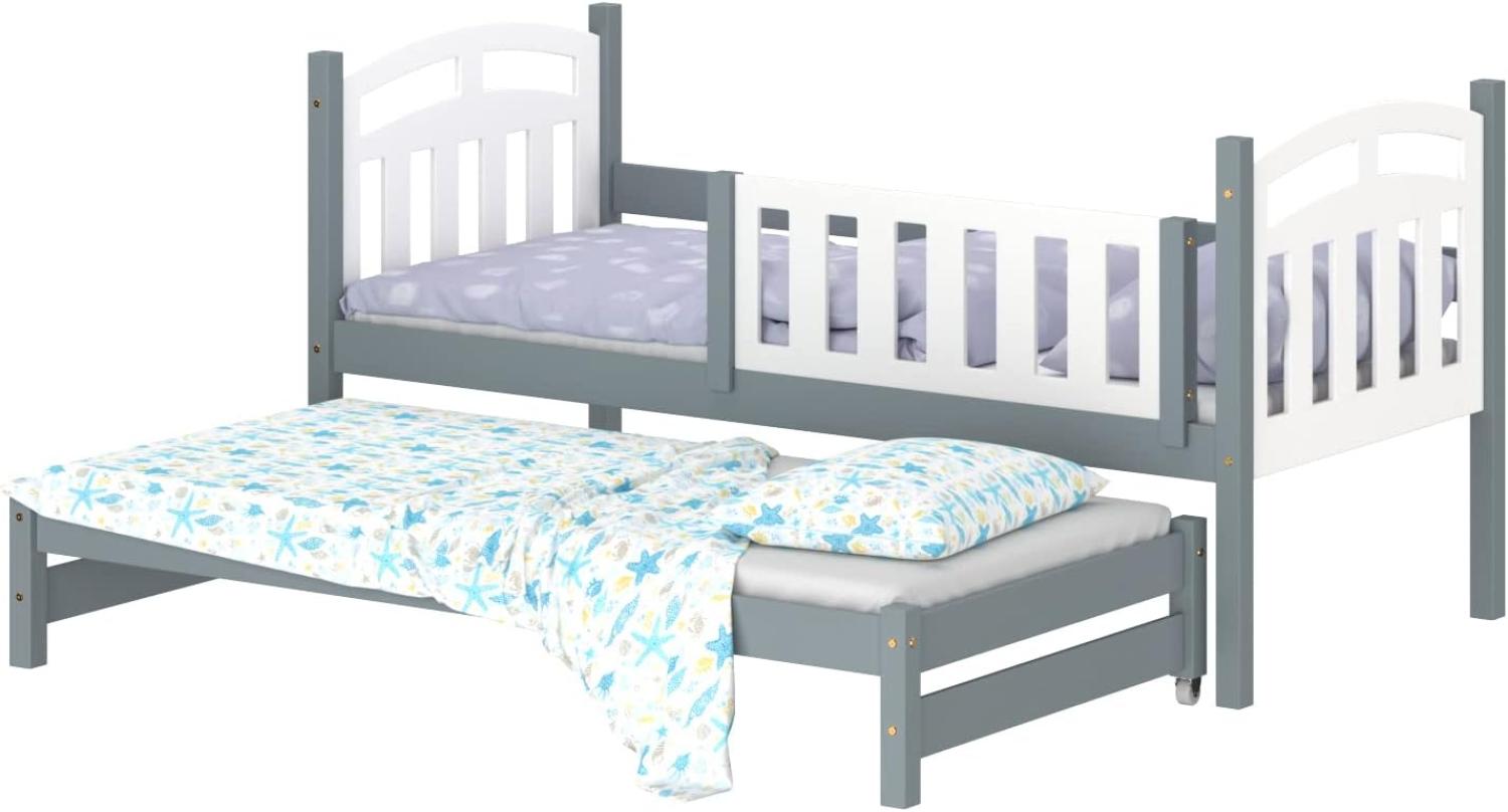 WNM Group Kinderbett Ausziehbar Suzie - aus Massivholz - Ausziehbett für Mädchen und Jungen - Hohe Qualität Bett mit Rausfallschutz für Kinder Grau - 190x80 / 180x80 cm Bild 1