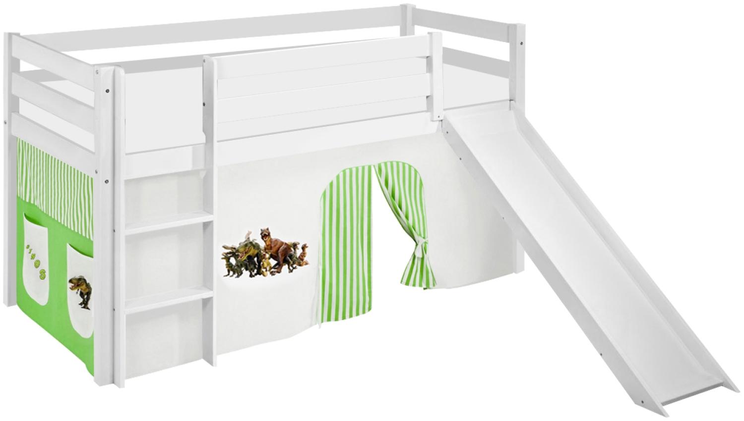 Lilokids 'Jelle' Spielbett 90 x 200 cm, Dinos Grün Beige, Kiefer massiv, mit Rutsche und Vorhang Bild 1