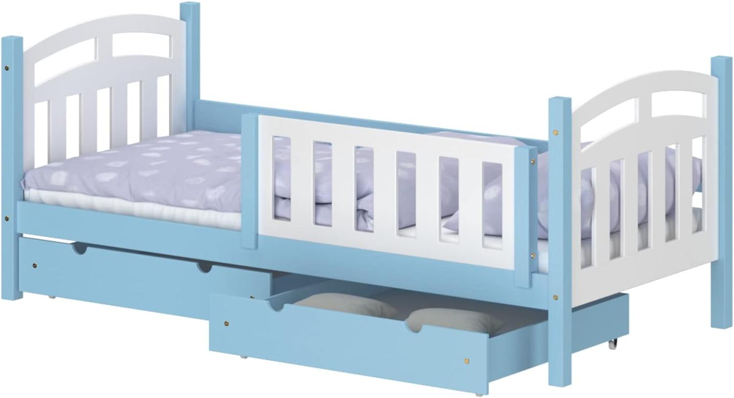 WNM Group Kinderbett mit Rausfallschutz Suzie - Jugenbett aus Massivholz - Bett mit 2 Schubladen für Mädchen und Jungen - Funktionsbett 190x80 cm - Blau Bild 1