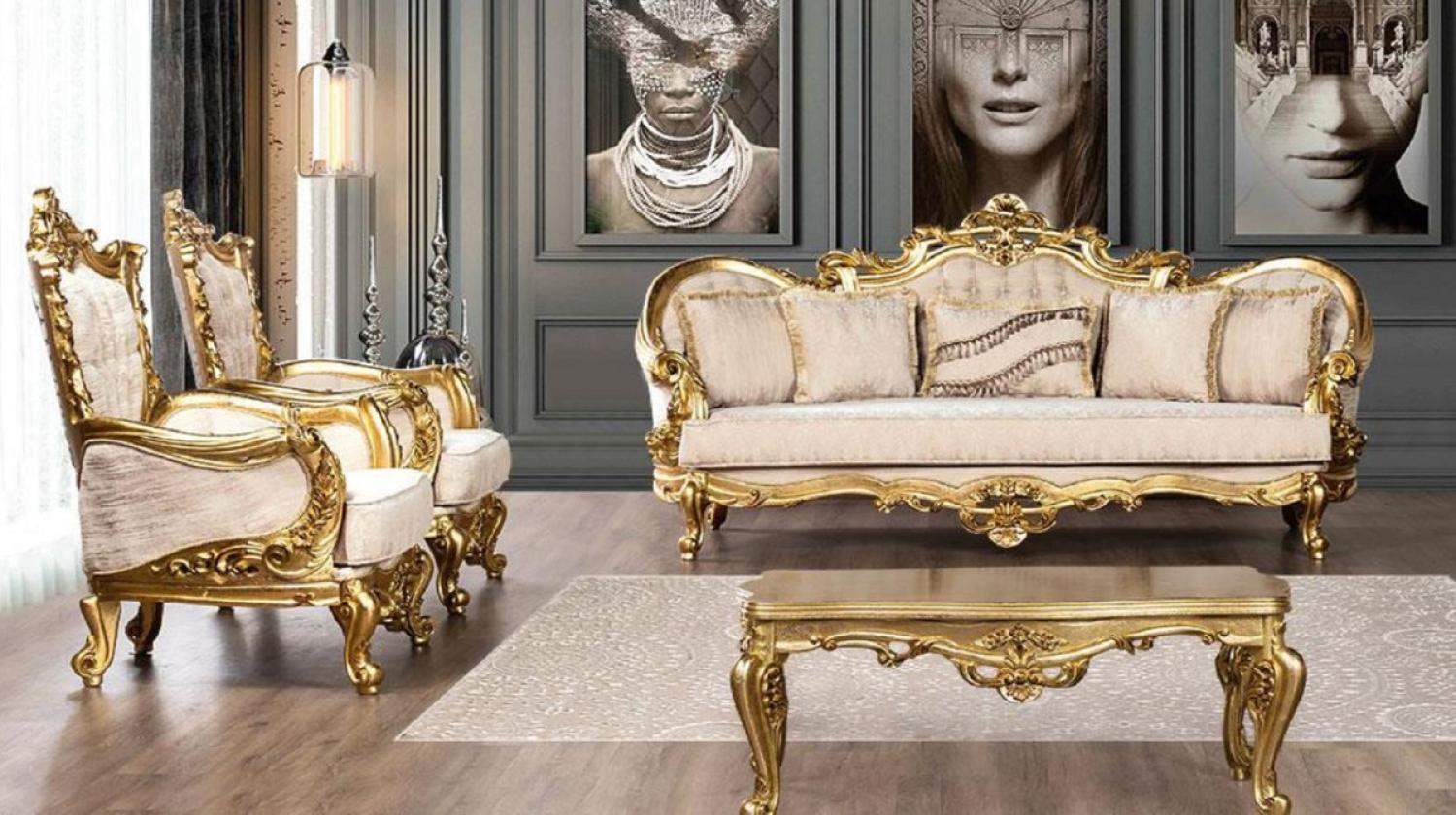 Casa Padrino Luxus Barock Wohnzimmer Set Cremefarben / Gold - 2 Barock Sofas & 2 Barock Sessel & 1 Barock Couchtisch - Barock Wohnzimmer Möbel Bild 1