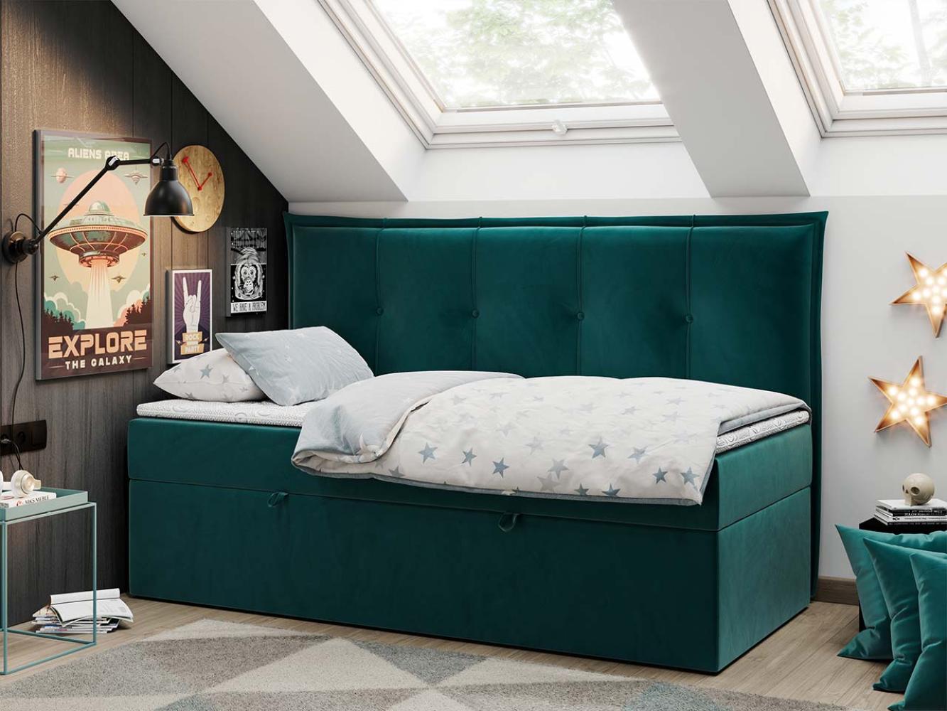 Kinderbett BANCO, Boxspringbetten für Kinderzimmer, Jugendbett, Einzelbett mit Matratze - Dunkelgrün Velours - Topper Visco Bild 1