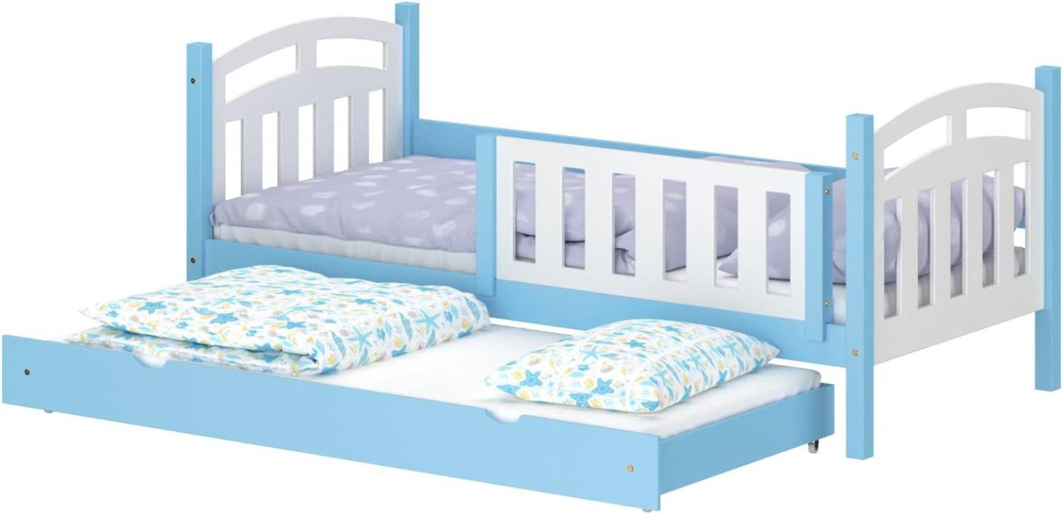 WNM Group Kinderbett Ausziehbar Suzie - aus Massivholz - Ausziehbett für Mädchen und Jungen - Hohe Qualität Bett mit Rausfallschutz für Kinder 200x90 / 190x90 cm - Blau Bild 1