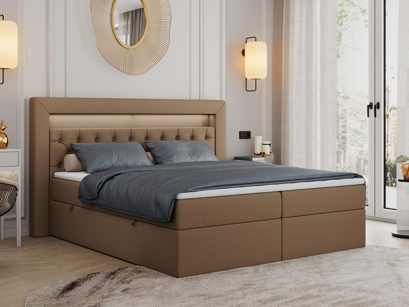 Boxspringbett - Doppelbett mit Multipocket-Matratze und LED - GOLD-6 - 140x200cm - Braun Kunstleder - H4 Bild 1