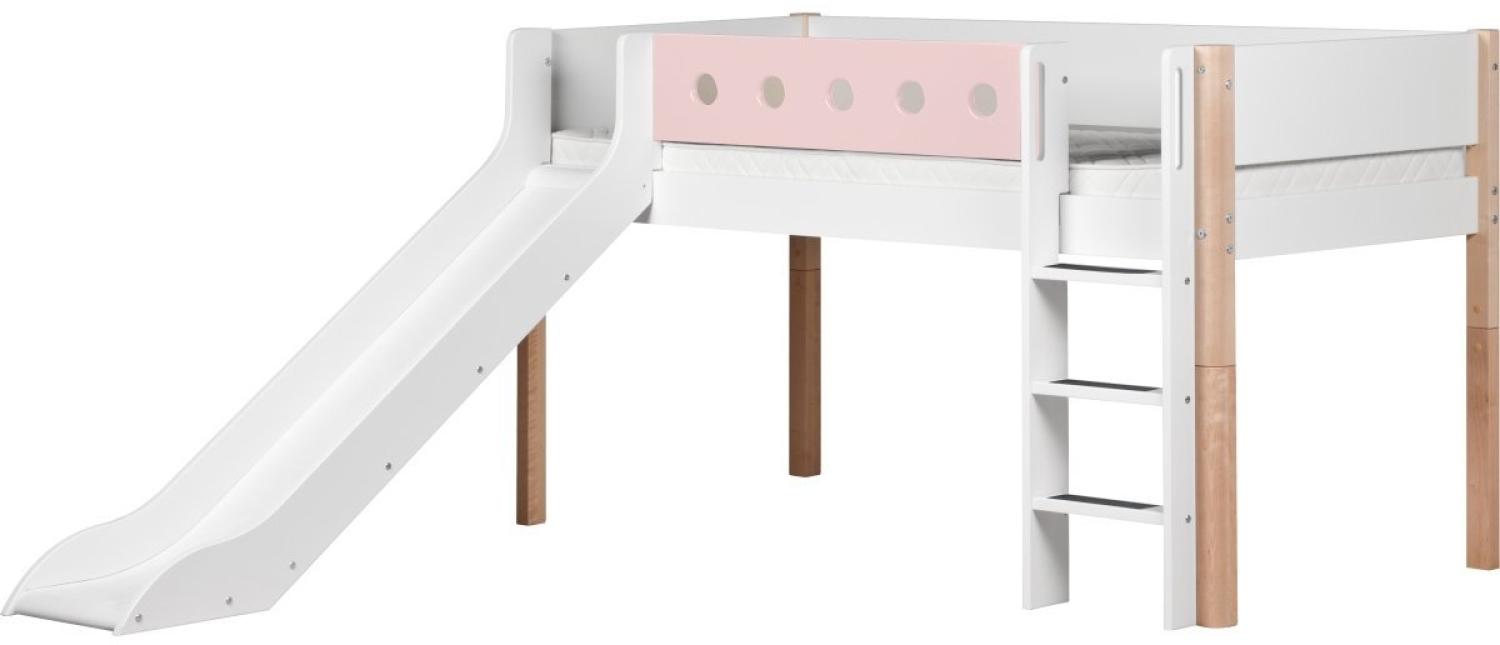 Flexa 'White' Halbhochbett mit Rutsche, weiß/natur/rosa, gerade Leiter, 90x190cm Bild 1