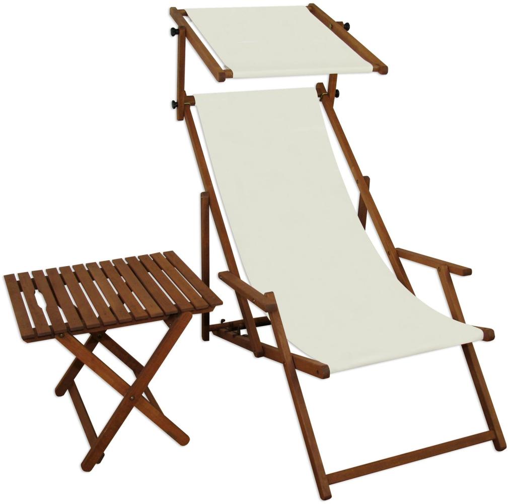 Sonnenliege weiß Liegestuhl Sonnendach Tisch Gartenliege Holz Deckchair Strandstuhl 10-303 S T Bild 1