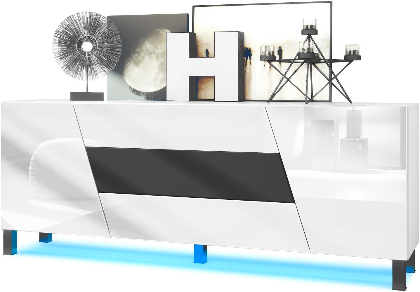 Vladon Sideboard Houston, Kommode mit 2 Türen und 3 Schubladen, Korpus Weiß matt, Fronten Weiß Hochglanz, mittlere Schublade Schwarz matt, inkl. LED-Beleuchtung (178 x 69,5 x 38,5 cm) Bild 1