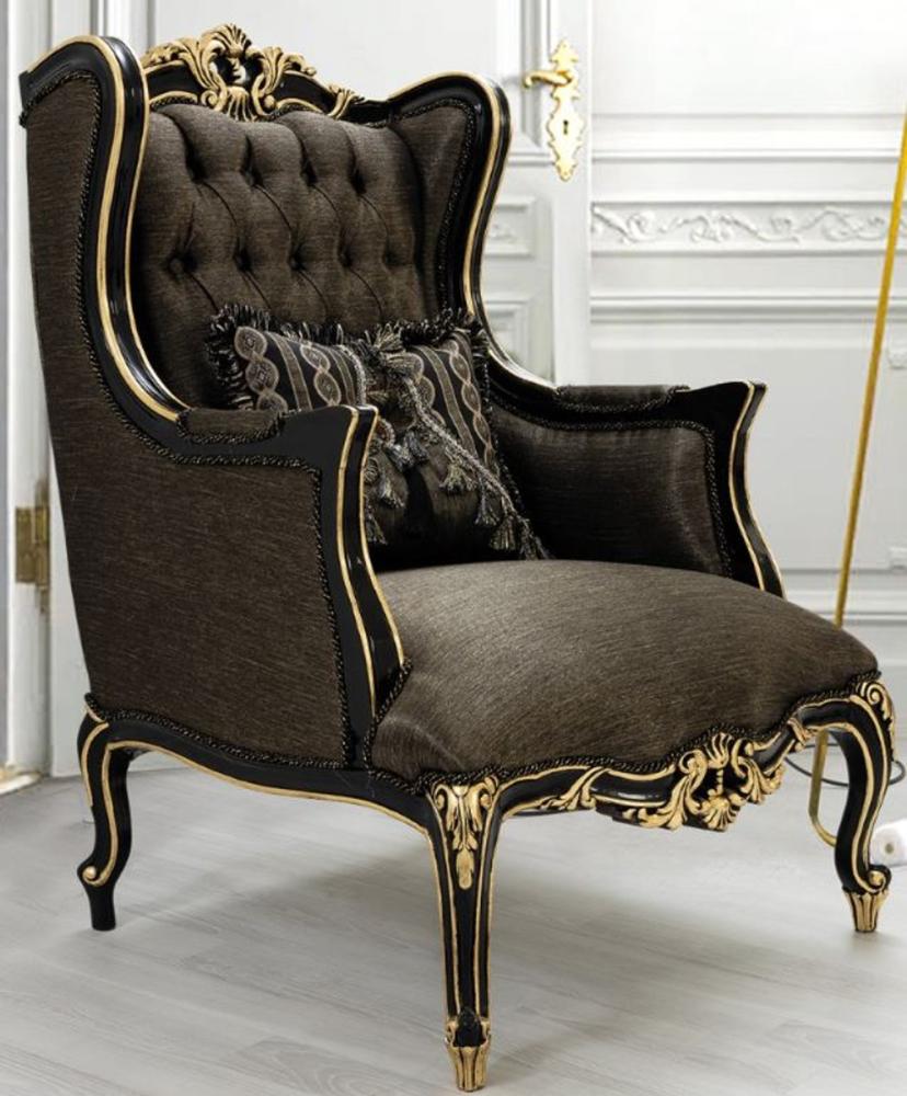 Casa Padrino Luxus Barock Wohnzimmer Sessel mit Kissen Grau / Schwarz / Gold 75 x 83 x H. 115 cm - Barock Möbel - Edel & Prunkvoll Bild 1