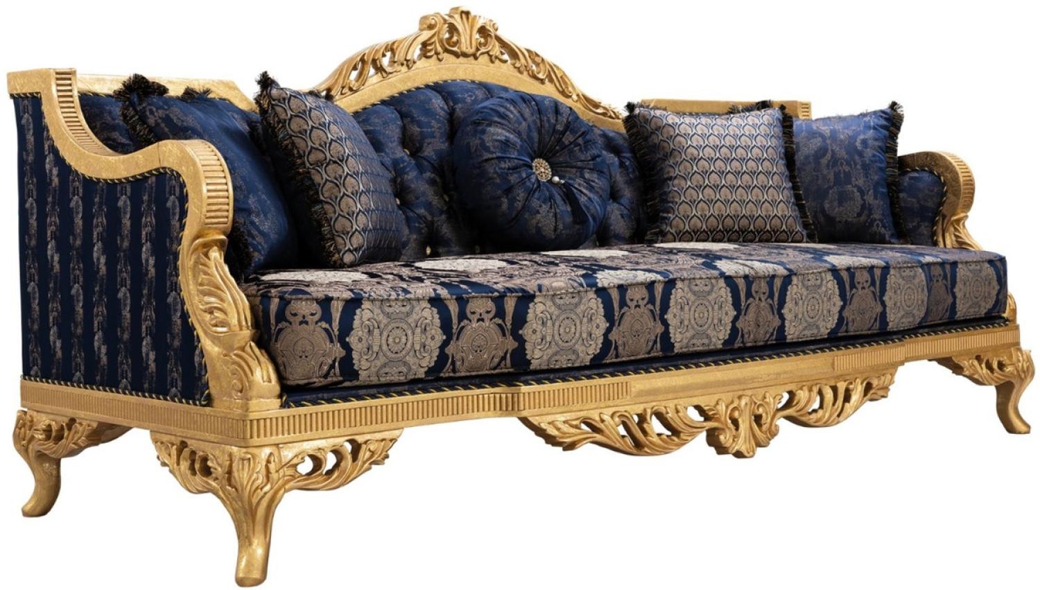Casa Padrino Luxus Barock Sofa mit Glitzersteinen und dekorativen Kissen Dunkelblau / Gold 228 x 93 x H. 108 cm - Barock Wohnzimmer Möbel Bild 1