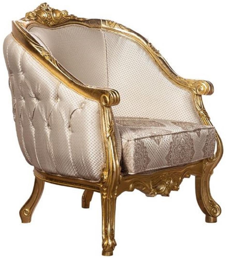 Casa Padrino Luxus Barock Wohnzimmer Sessel Beige / Gold - Handgefertigter Barockstil Sessel mit elegantem Muster - Prunkvolle Barock Wohnzimmer Möbel Bild 1