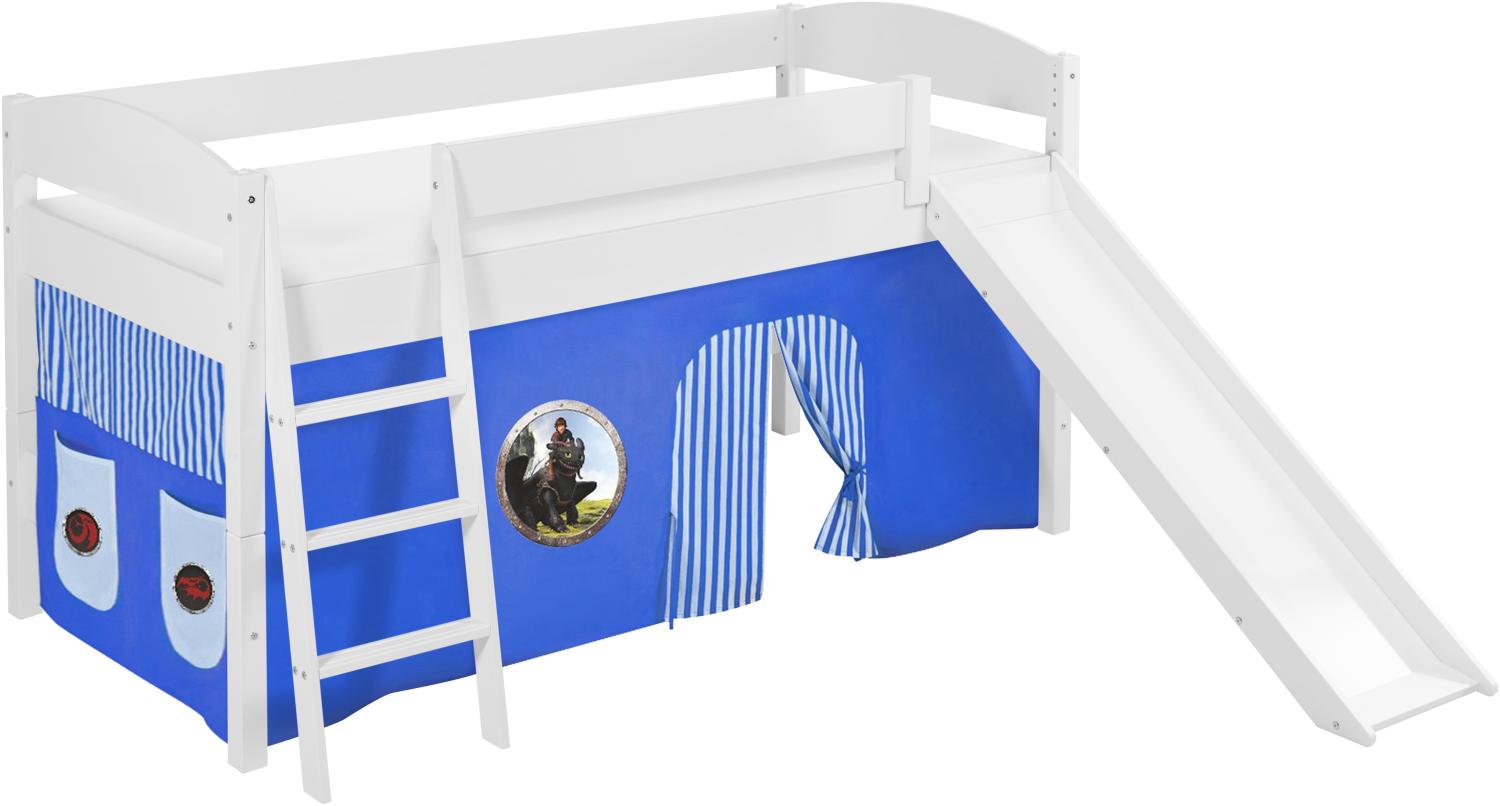 Lilokids 'Ida 4105' Spielbett 90 x 200 cm, Dragons Blau, Kiefer massiv, mit Rutsche und Vorhang Bild 1