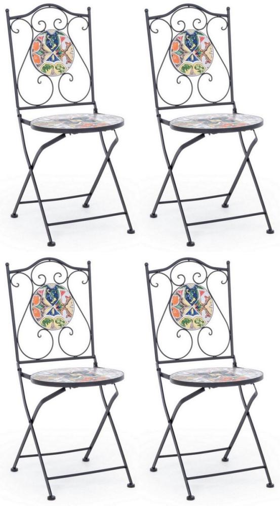 Casa Padrino Jugendstil Gartenstuhl 4er Set Schwarz / Mehrfarbig 39 x 47 x H. 92 cm - Klappbare Stühle mit edlen Keramik Platten - Nostalgische Garten & Gastronomie Möbel Bild 1