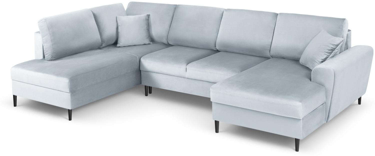 Micadoni 7-Sitzer Samtstoff Panorama Sofa Links mit Box und Schlaffunktion Moghan | Bezug Light Blue | Beinfarbe Black C. Bild 1