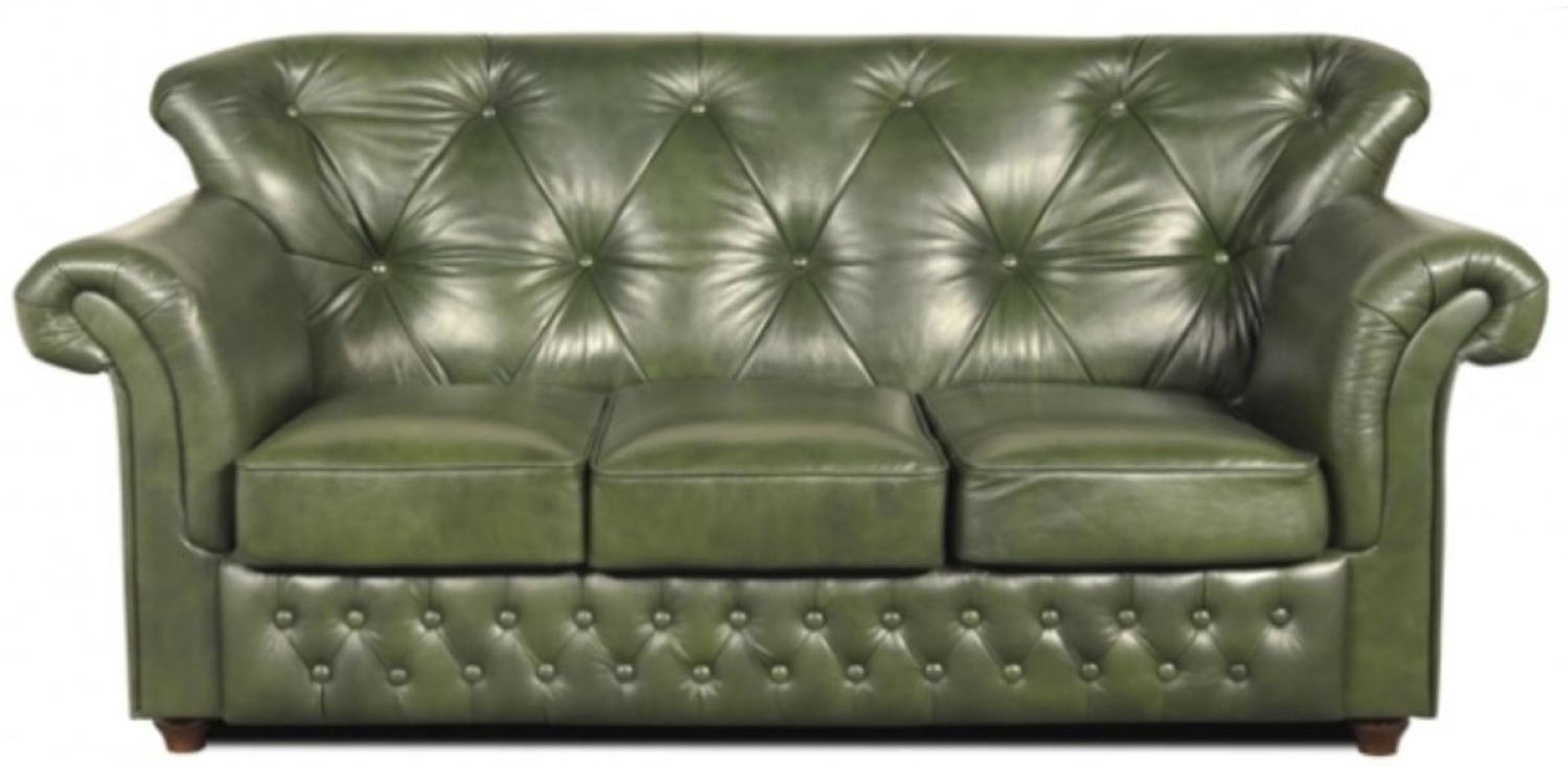 Casa Padrino Chesterfield Echtleder 3er Sofa in grün mit dunkelbraunen Füßen 200 x 80 x H. 85 cm Bild 1