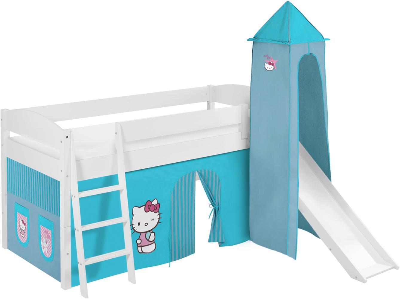 Lilokids 'Ida 4105' Spielbett 90 x 200 cm, Hello Kitty Türkis, Kiefer massiv, mit Turm, Rutsche und Vorhang Bild 1
