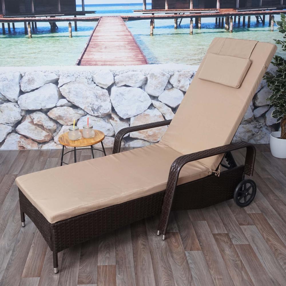 Poly-Rattan Sonnenliege Carrara, Relaxliege Gartenliege Liege, Alu ~ braun, Kissen beige Bild 1