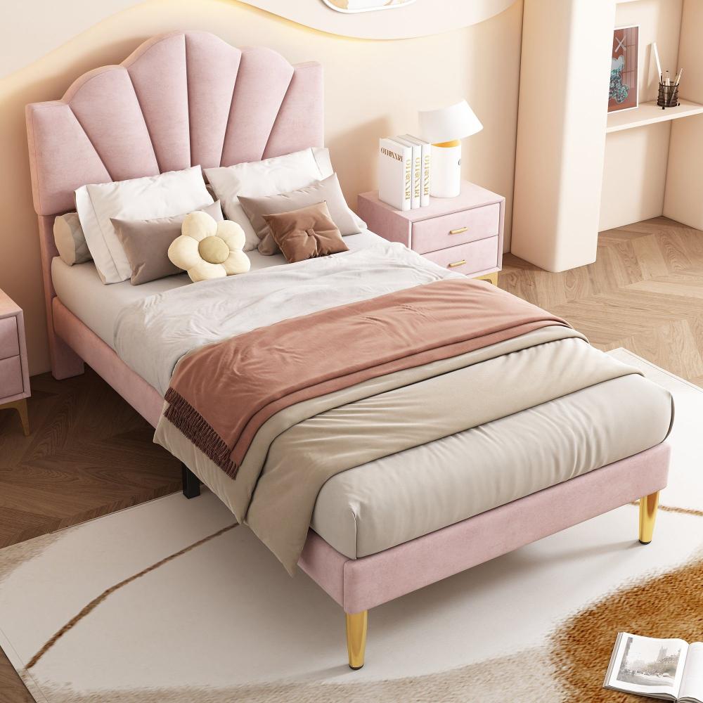 Merax Polsterbett, Samt Einzelbett mit höhenverstellbarem Muschel-Form-Kopfteil 90x200cm, rosa Bild 1