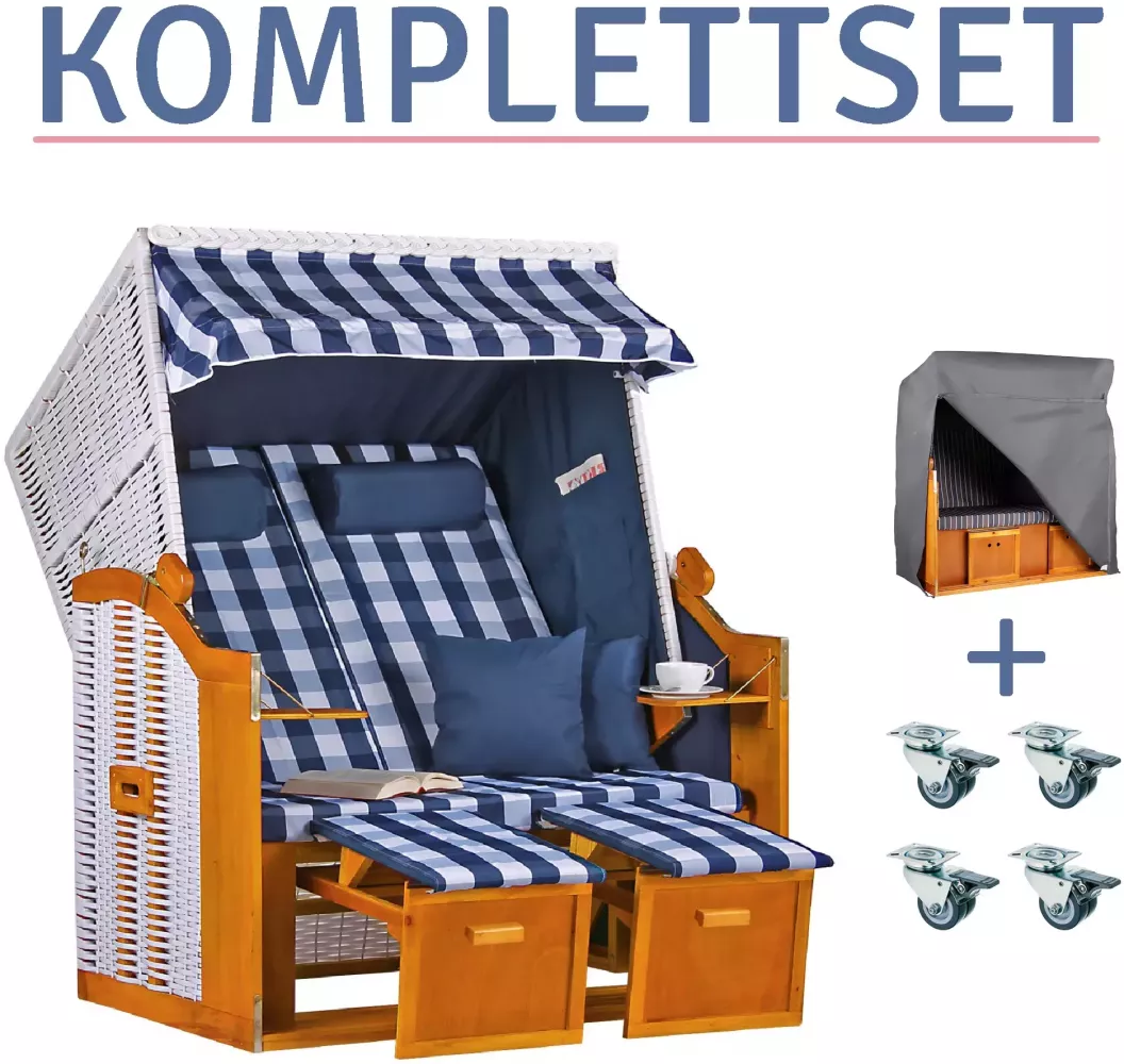 Strandkorb Baltic PE weiß Dessin Karo Blau-KOMPLETTSET Bild 1