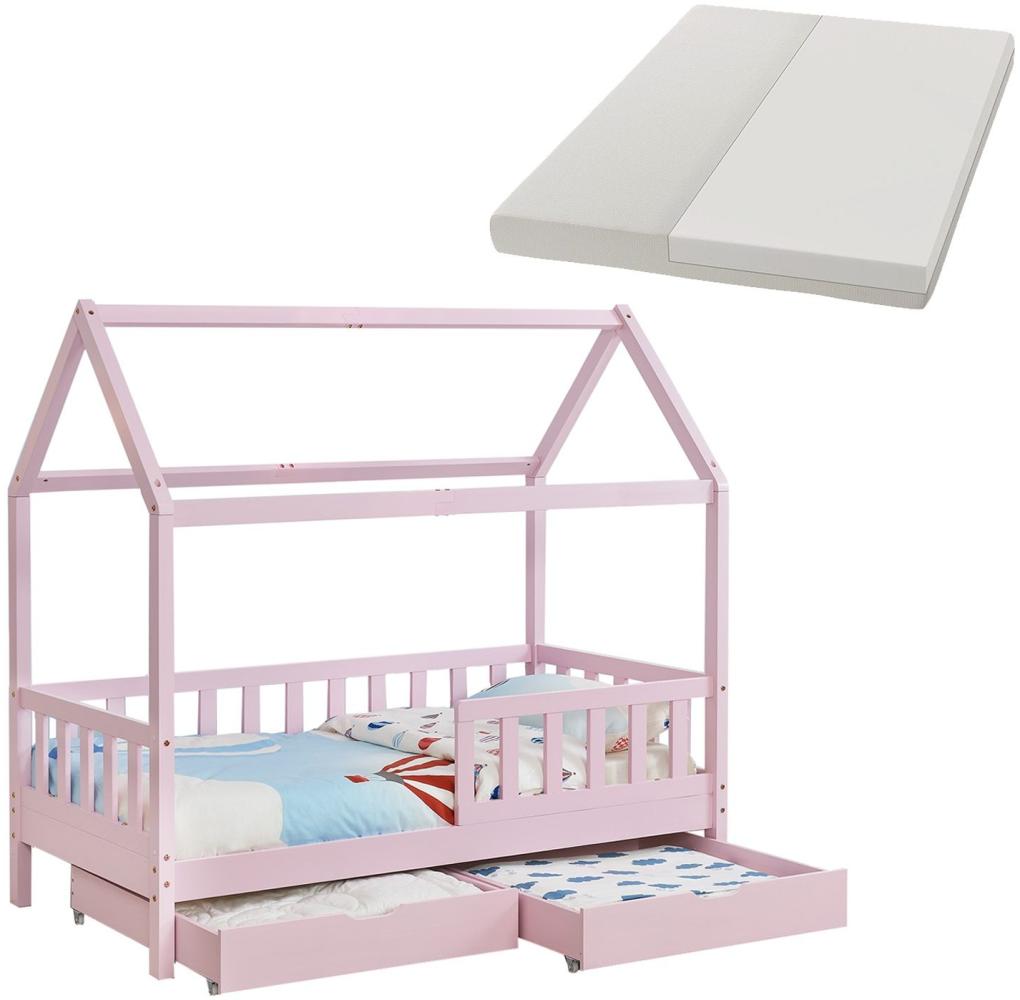 Juskys Kinderbett Marli 90 x 200 cm mit Matratze, Bettkasten, Rausfallschutz, Lattenrost & Dach - Massivholz Hausbett für Kinder - Bett in Rosa Bild 1