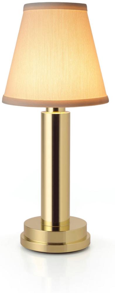 NEOZ kabellose Akku-Tischleuchte VICTORIA UNO LED-Lampe dimmbar 1 Watt 27,5x12 cm Messing, poliert mit Lampenschirm aus Baumwolle Bild 1