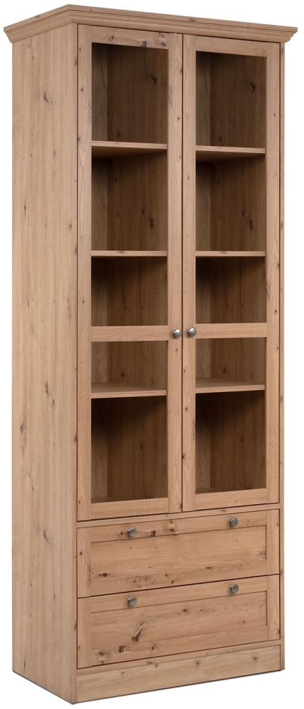 Vitrine Highboard Holz Eiche Glas Vitrinenschrank Wohnzimmerschrank Modern Landhausstil mit 2 Schubladen Bild 1