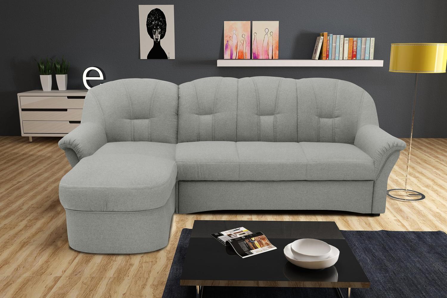 DOMO Collection Puno Ecksofa, Sofa in L-Form, Eckcouch, Sofa, Couch mit Longchair, 142 x 233 cm, Polstermöbel in silber Bild 1