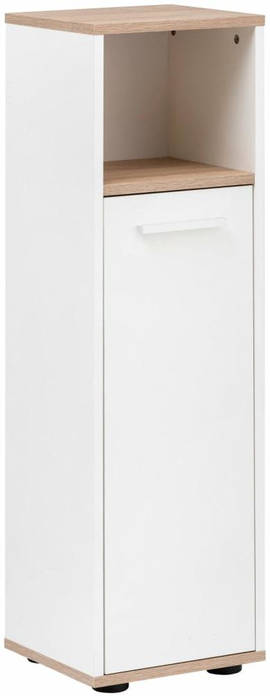 BadeDu ARC Midischrank mit verchromtem Griff – Schrank für das Badezimmer (30 cm x 103,5 cm x 28,3 cm) – Badschrank schmal aus Holz in Weiß und Eiche Bild 1