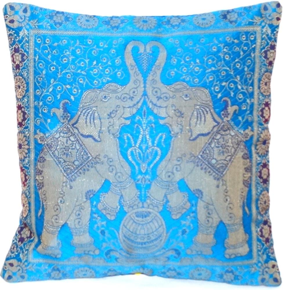 Handgewebter indischer Banarasi Seide Deko-Kissenbezug mit Extravaganten Elefant Design in Blau - 40 cm x 40 cm Bild 1