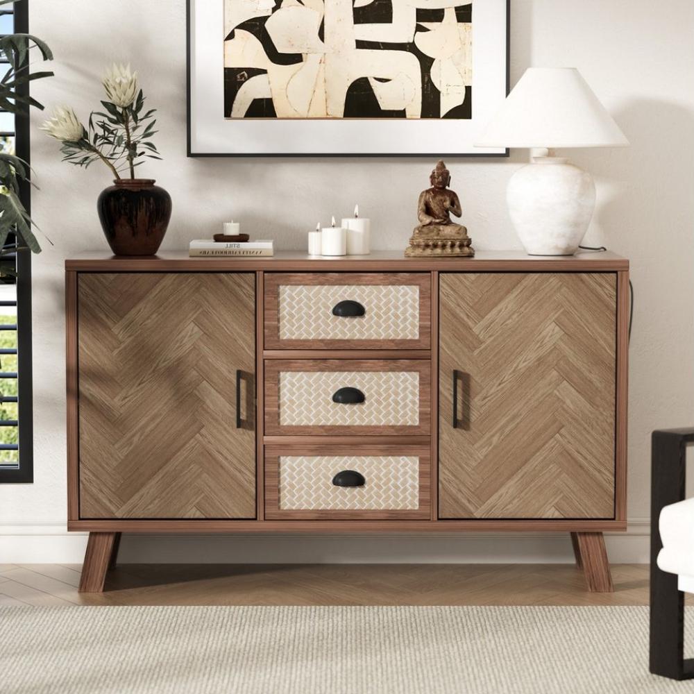 Merax Sideboard mit Schubladen und Türen, Kommode Boho-Stil mit Metallgriffe, Anrichte, TV-Schrank, B:120cm Bild 1