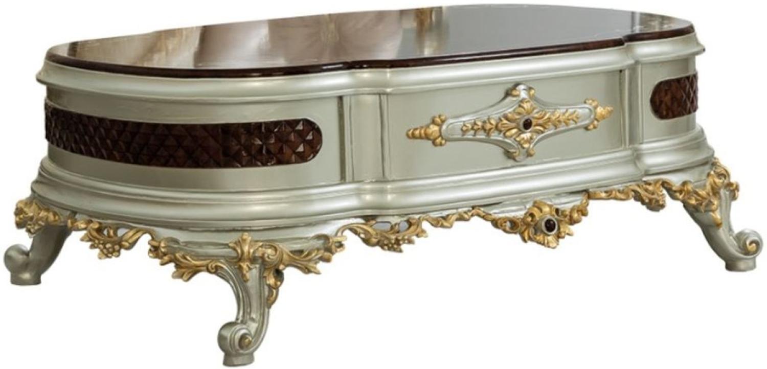 Casa Padrino Luxus Barock Couchtisch Dunkelbraun / Silber / Gold 132 x 95 x H. 50 cm - Prunkvoller Massivholz Wohnzimmertisch - Barock Möbel Bild 1