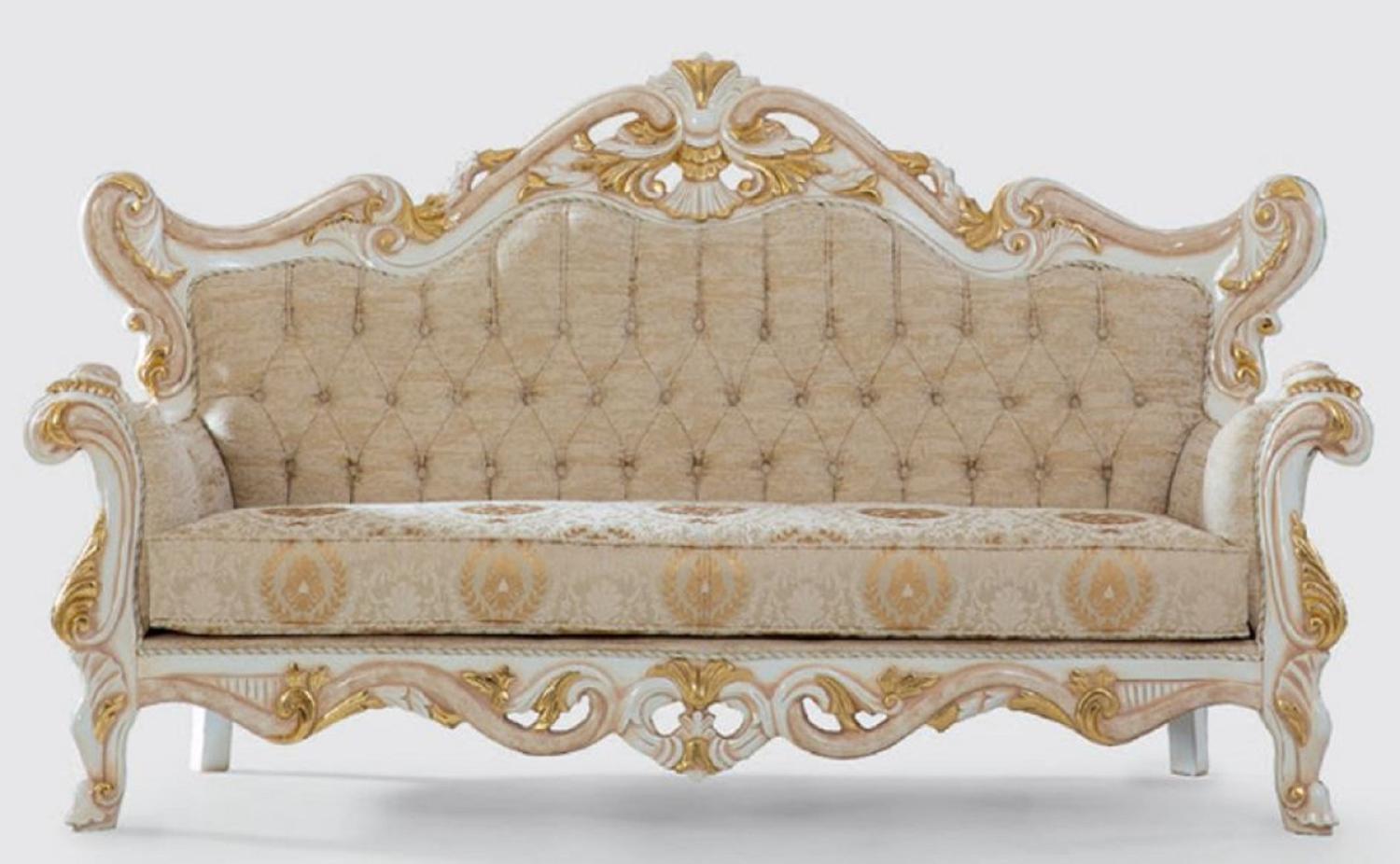 Casa Padrino Luxus Barock Sofa Beige / Weiß / Gold 225 x 90 x H. 128 cm - Handgefertigtes Wohnzimmer Sofa mit elegantem Muster - Barock Wohnzimmer Möbel - Edel & Prunkvoll Bild 1