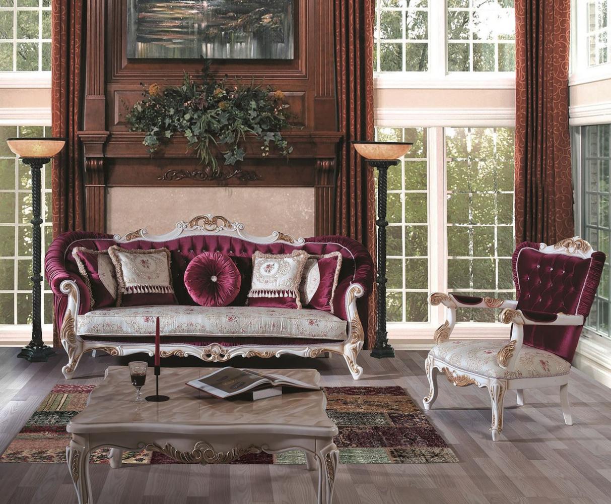 Casa Padrino Luxus Barock Wohnzimmer Set Purpur / Creme / Gold - 2 Sofas & 2 Sessel & 1 Couchtisch - Prunkvolle Möbel im Barockstil Bild 1