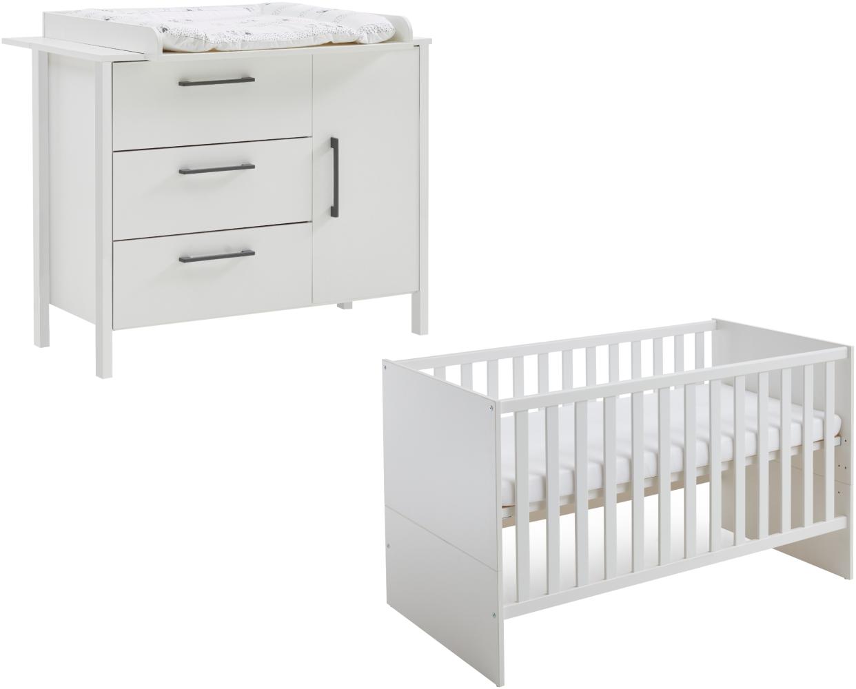 Arthur Berndt 'Kiara' Babyzimmer Sparset 2-teilig, Kinderbett (70 x 140 cm) und Wickelkommode mit Wickelaufsatz Weiß Bild 1